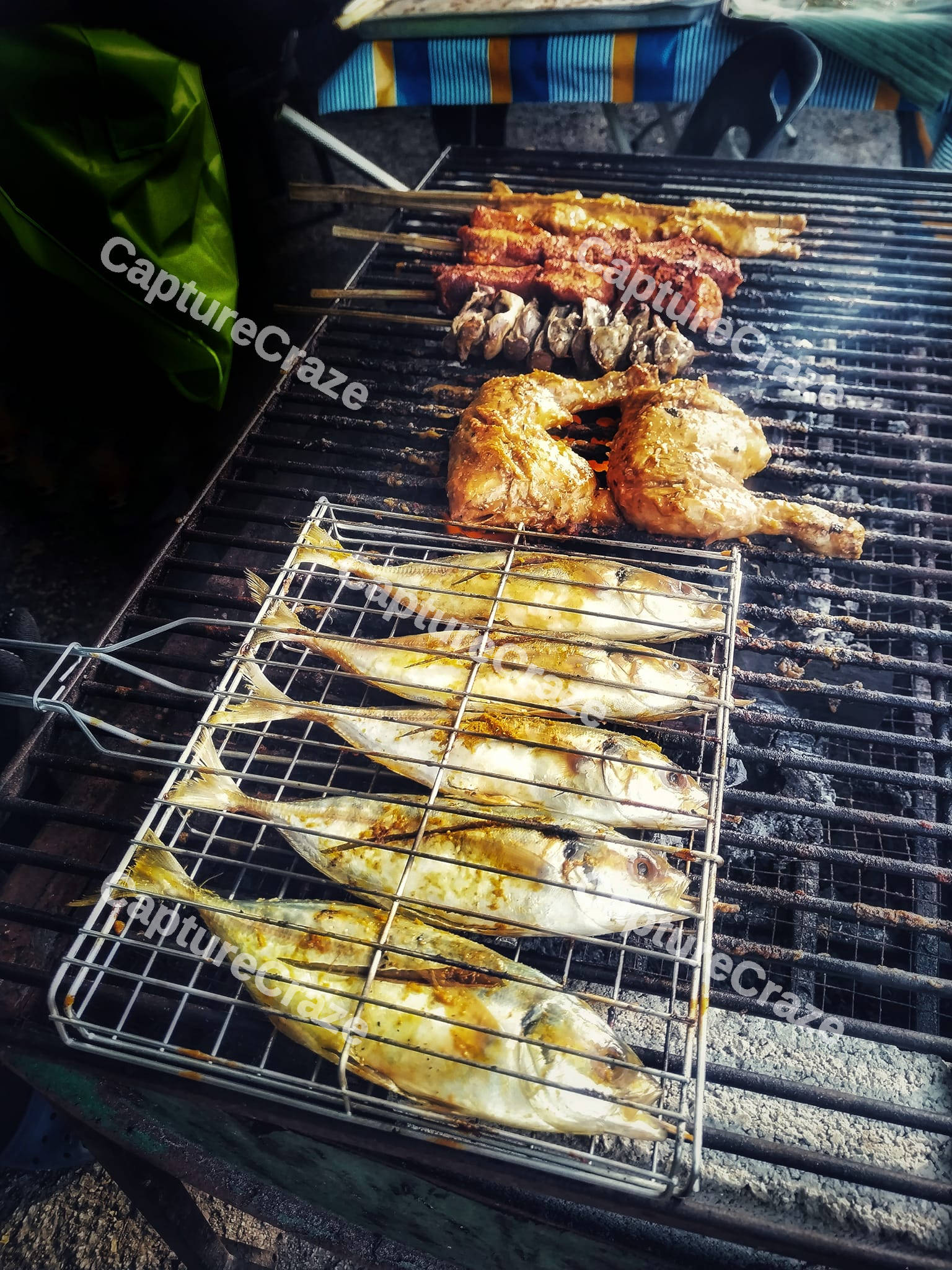 Fish and chicken pieces on a grill